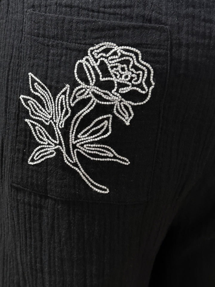 Black  Stripe Embroidered Cotton Trousers