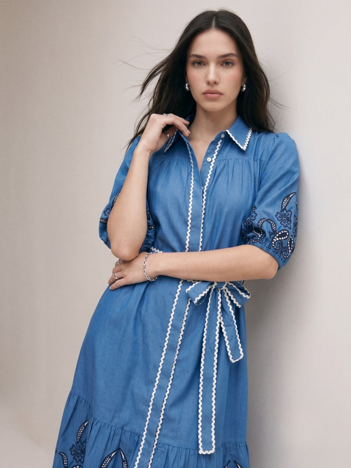Blue Puff Sleeve Blue Flare Dress