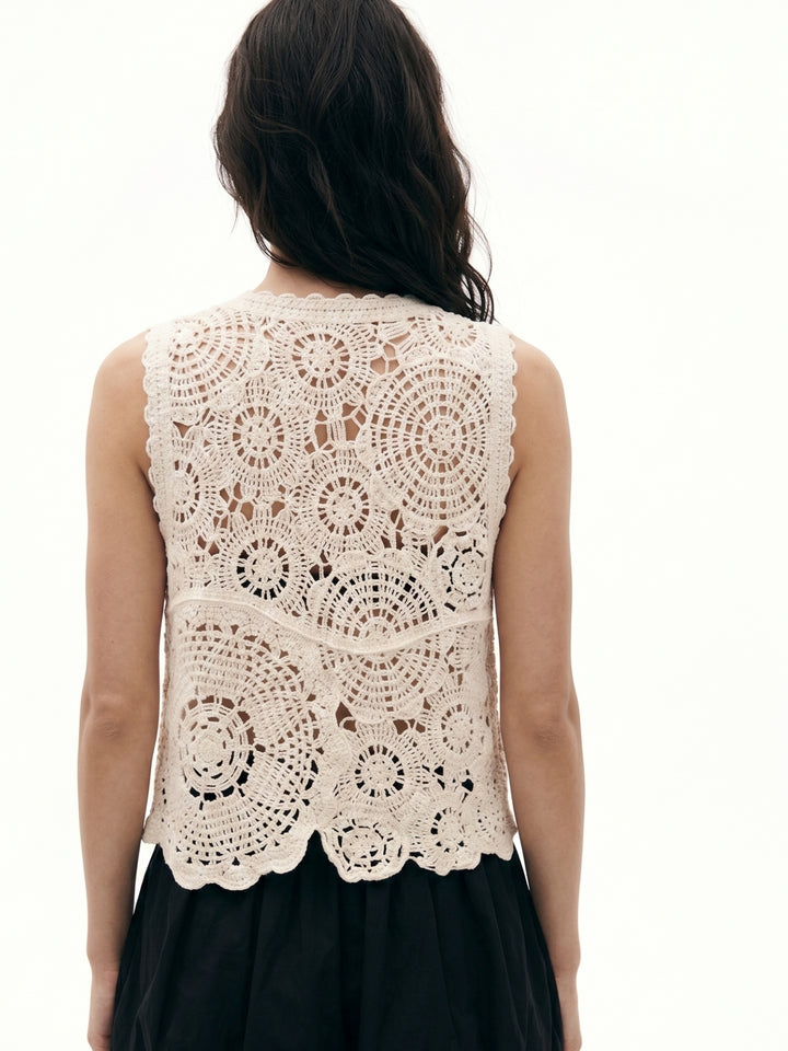 Cream Sleeveless Crochet Front Buttoned Top