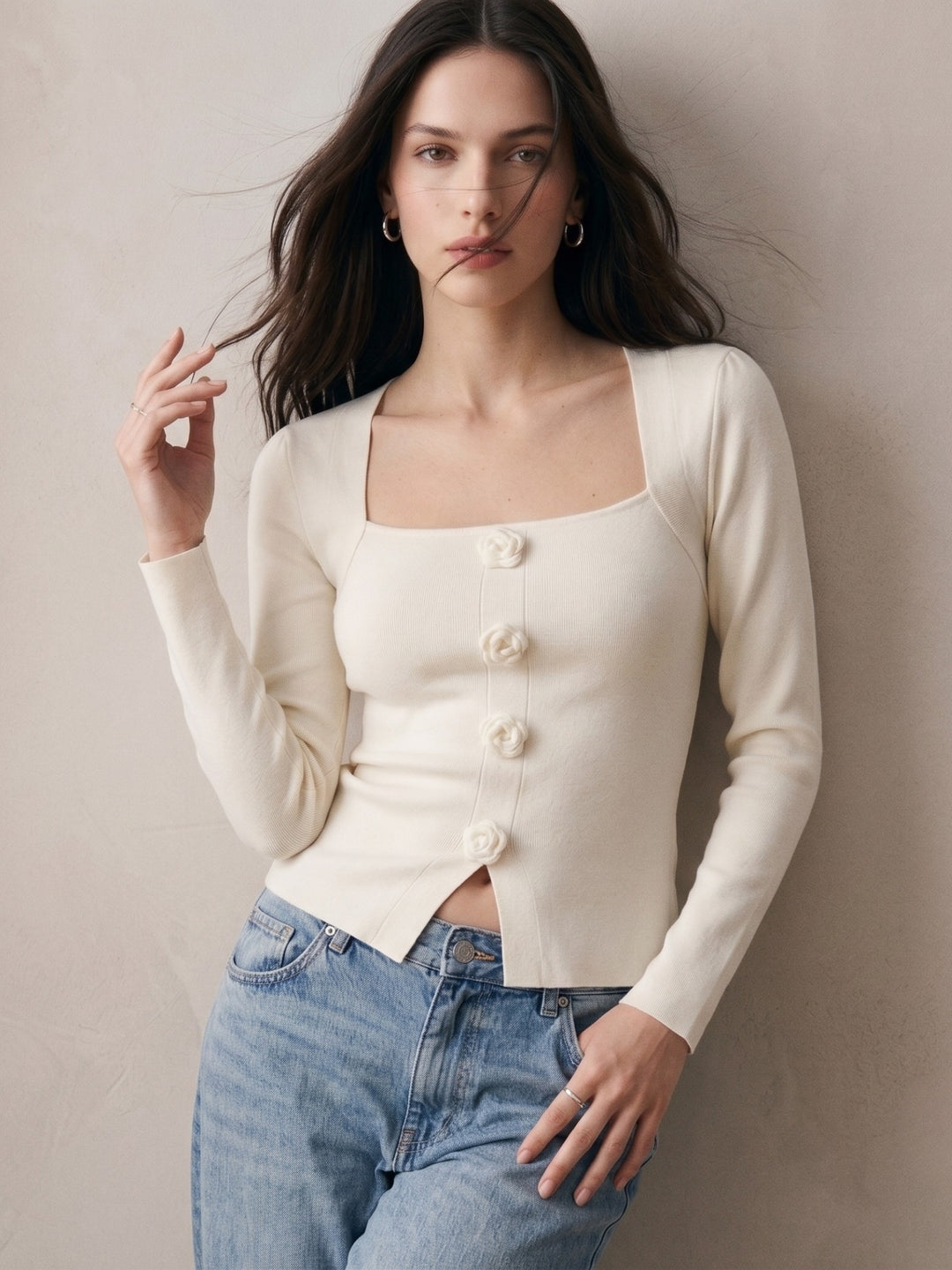 White Full Sleeve Square Neck Flower Trim Top