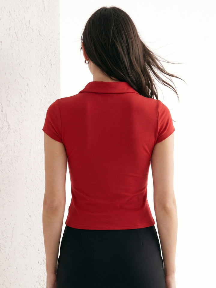 Red Short Sleeve Keyhole Buttoned Detail Top