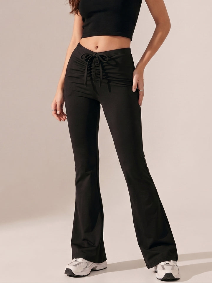 Black Drawstring Ruched Fitted And Flared Joggers