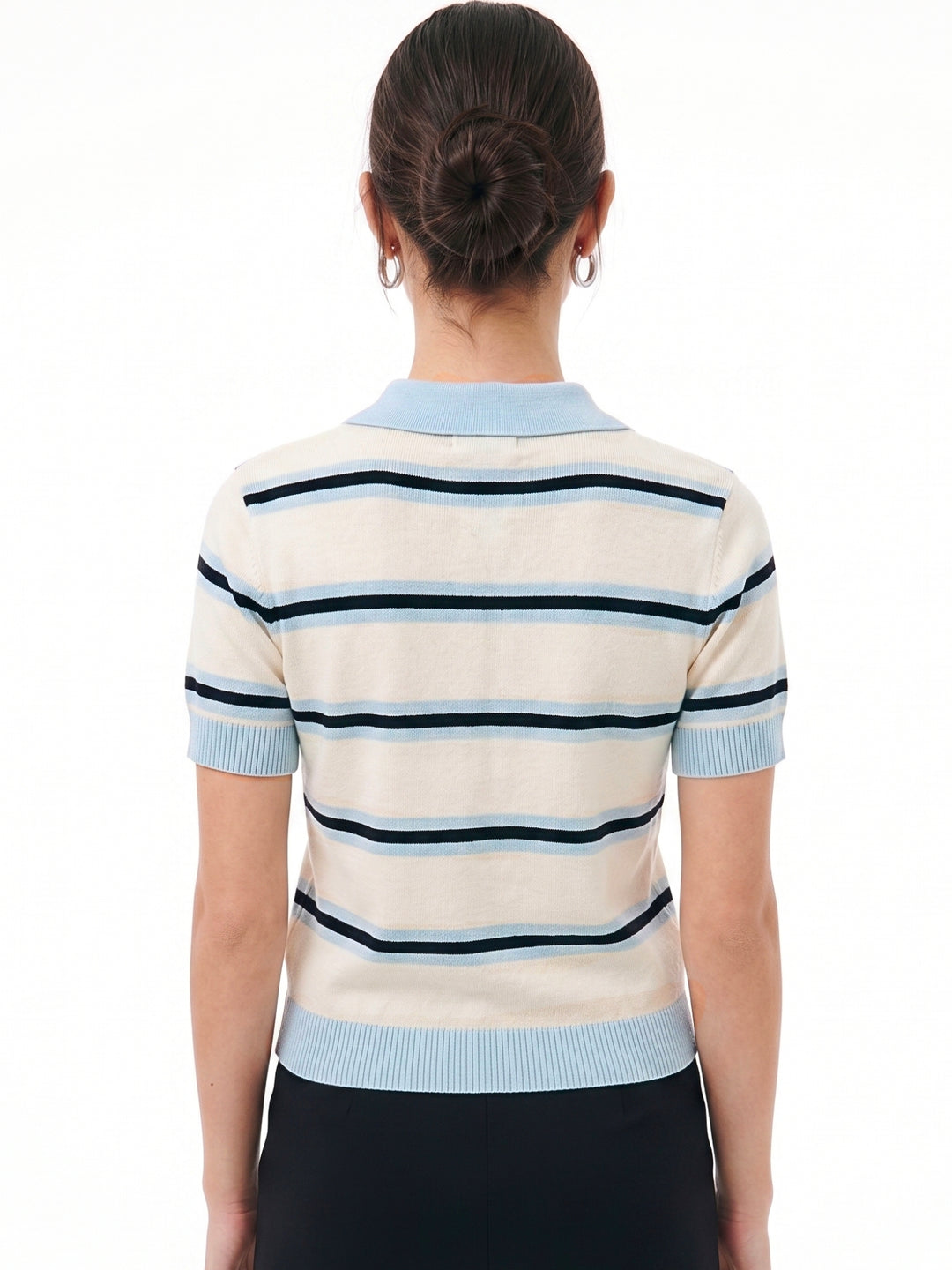 Blue Striped Collared Polo Top With Small Heart Graphic