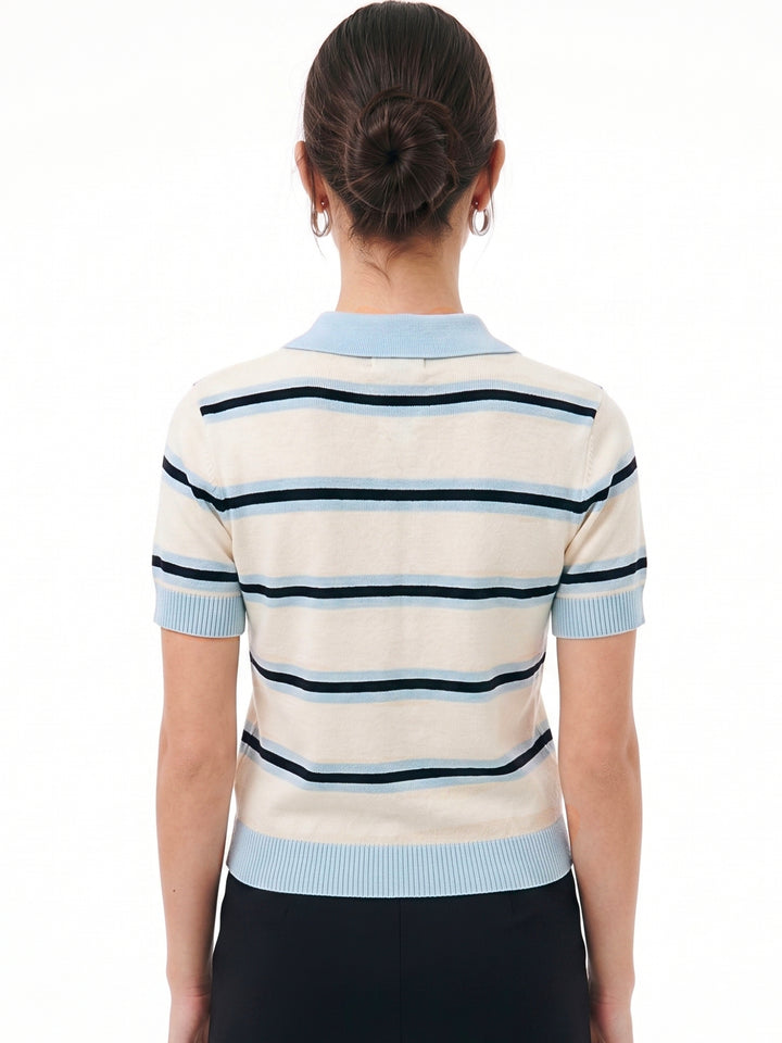 Blue Striped Collared Polo Top With Small Heart Graphic