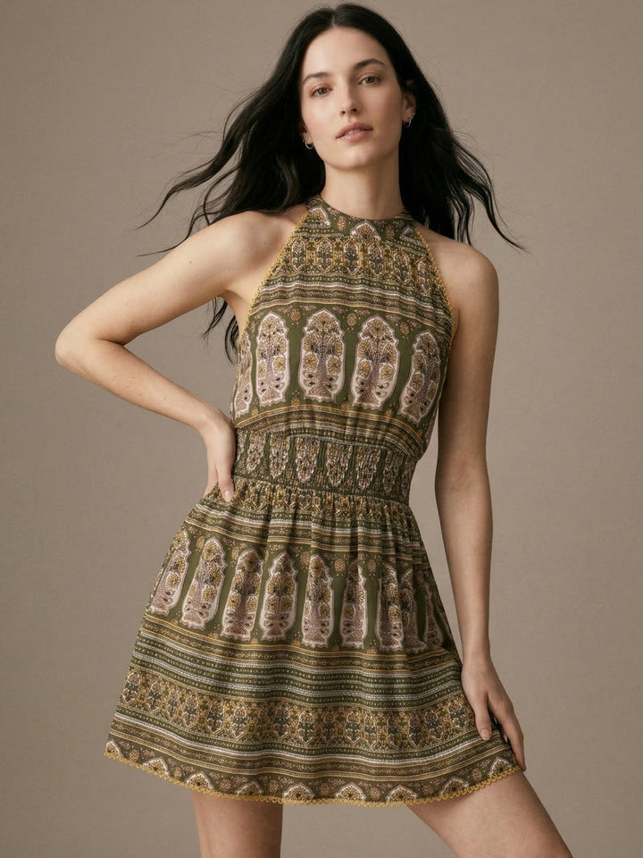 Green Sleeveless Printed Halter Mini Dress