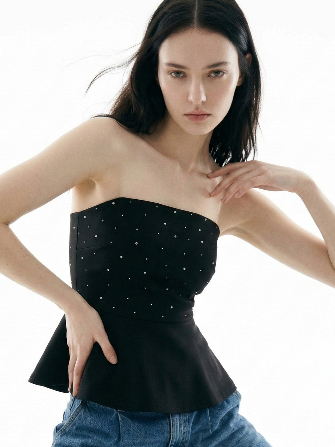 Black Tube Peplum Top With Studs