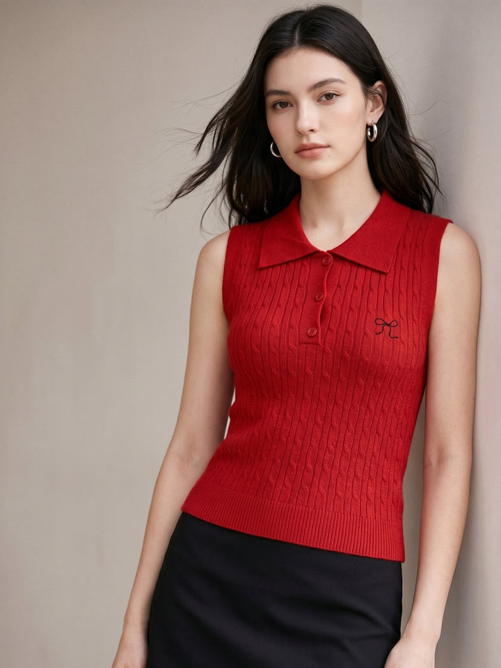 Red Cable Textured Polo Top With Bow Embroidery