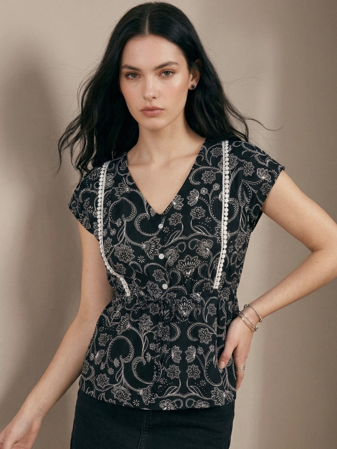 Black Floral Print Top