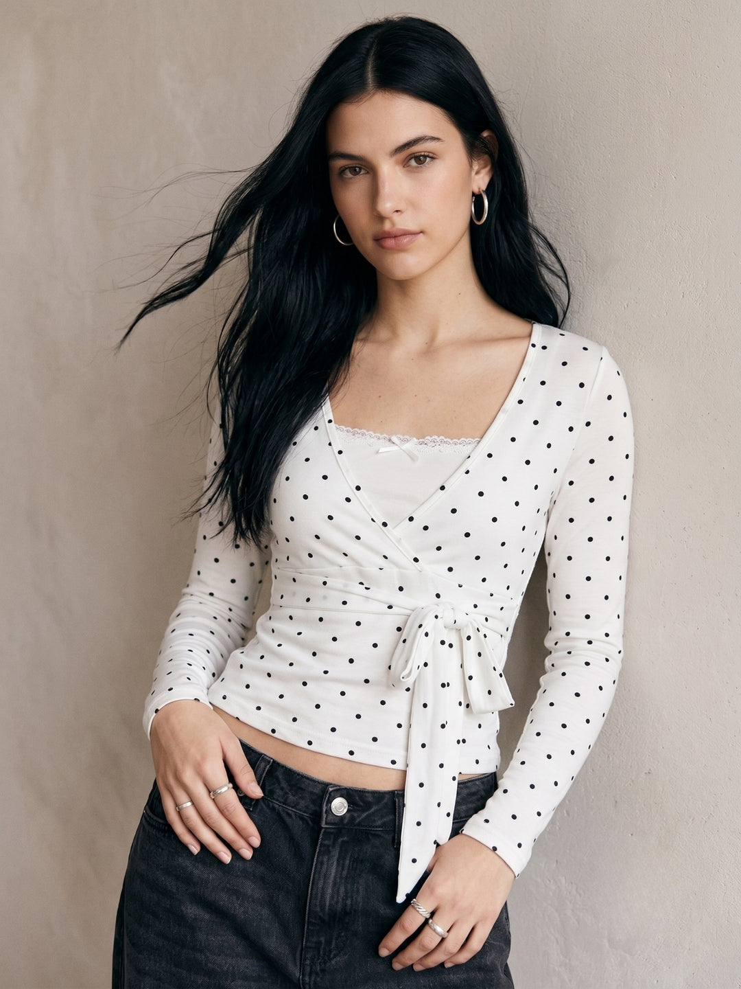 White Polka Dotted Wrap Neck Top