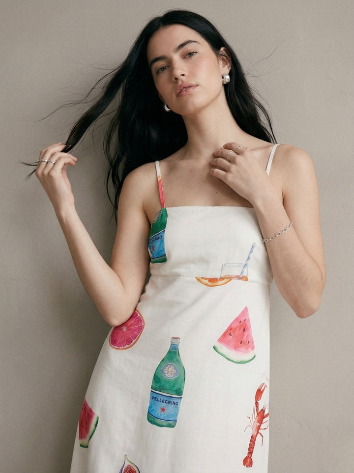 White Fruit Print Fit And Flare Maxi Dress