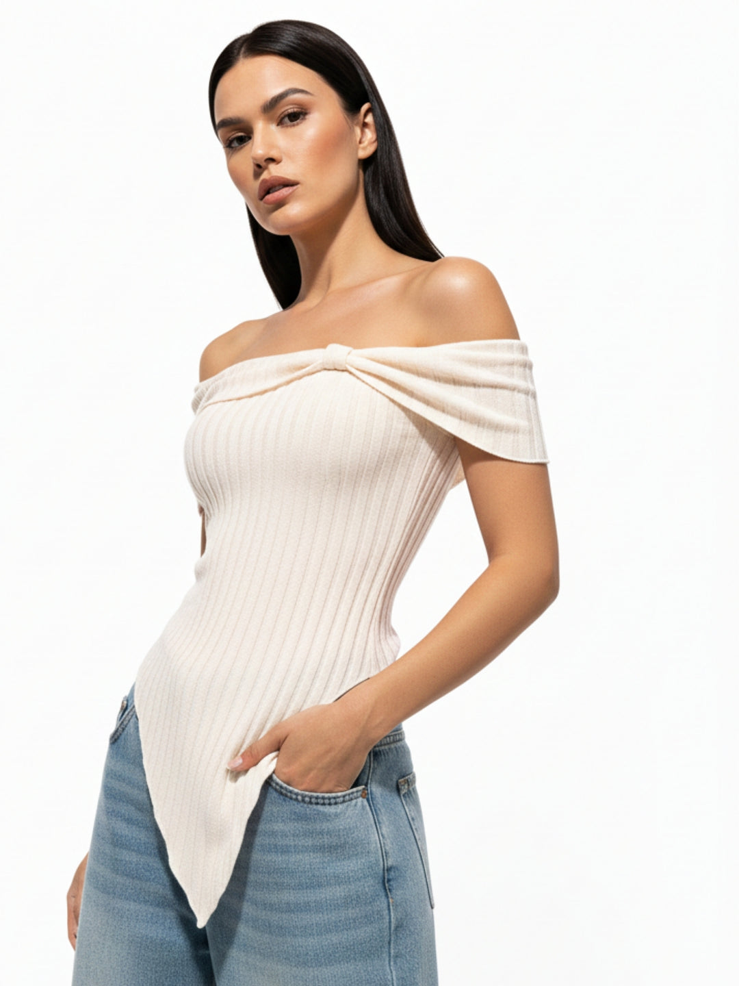 Beige Off Shoulder Asymmetrical Hem Top