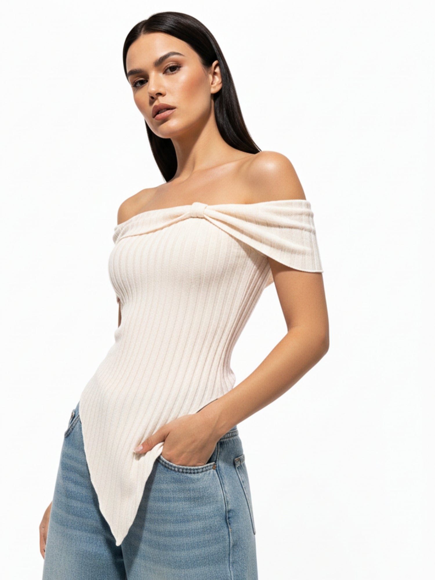 Beige Off Shoulder Asymmetrical Hem Top