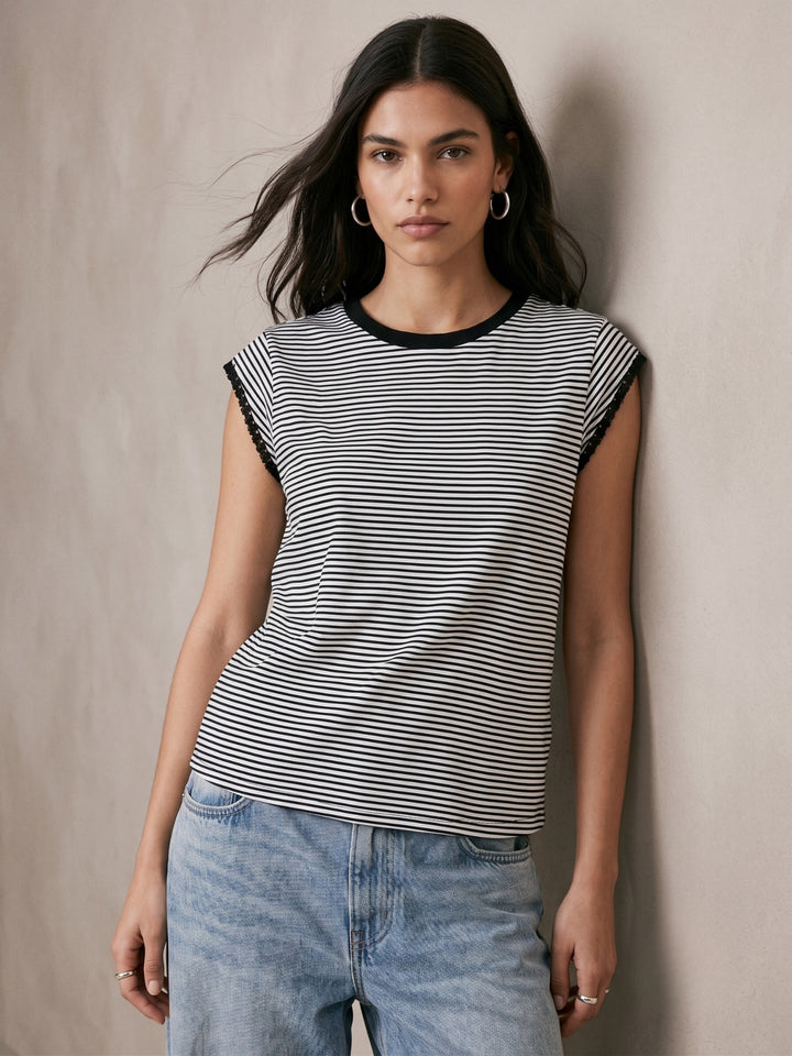 Multi Striped Contrast Neck And Sleeve Binding Top