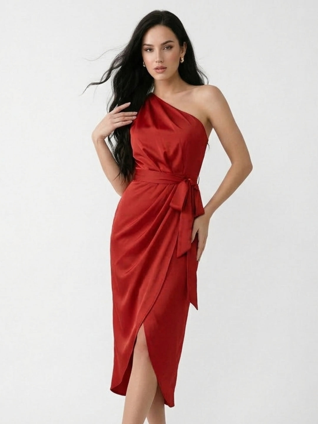 Red One Shoulder Wrap Midi Dress