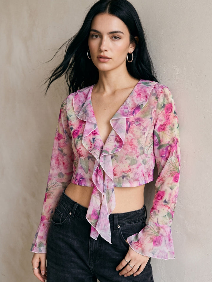 Purple Printed Ruffled Front Tie Up Top With Flared Sleeves