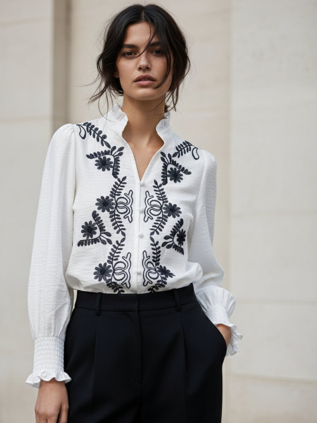 White Bishop Sleeve Mandarin Collar Embroidered Top