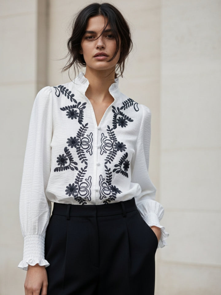 White Bishop Sleeve Mandarin Collar Embroidered Top