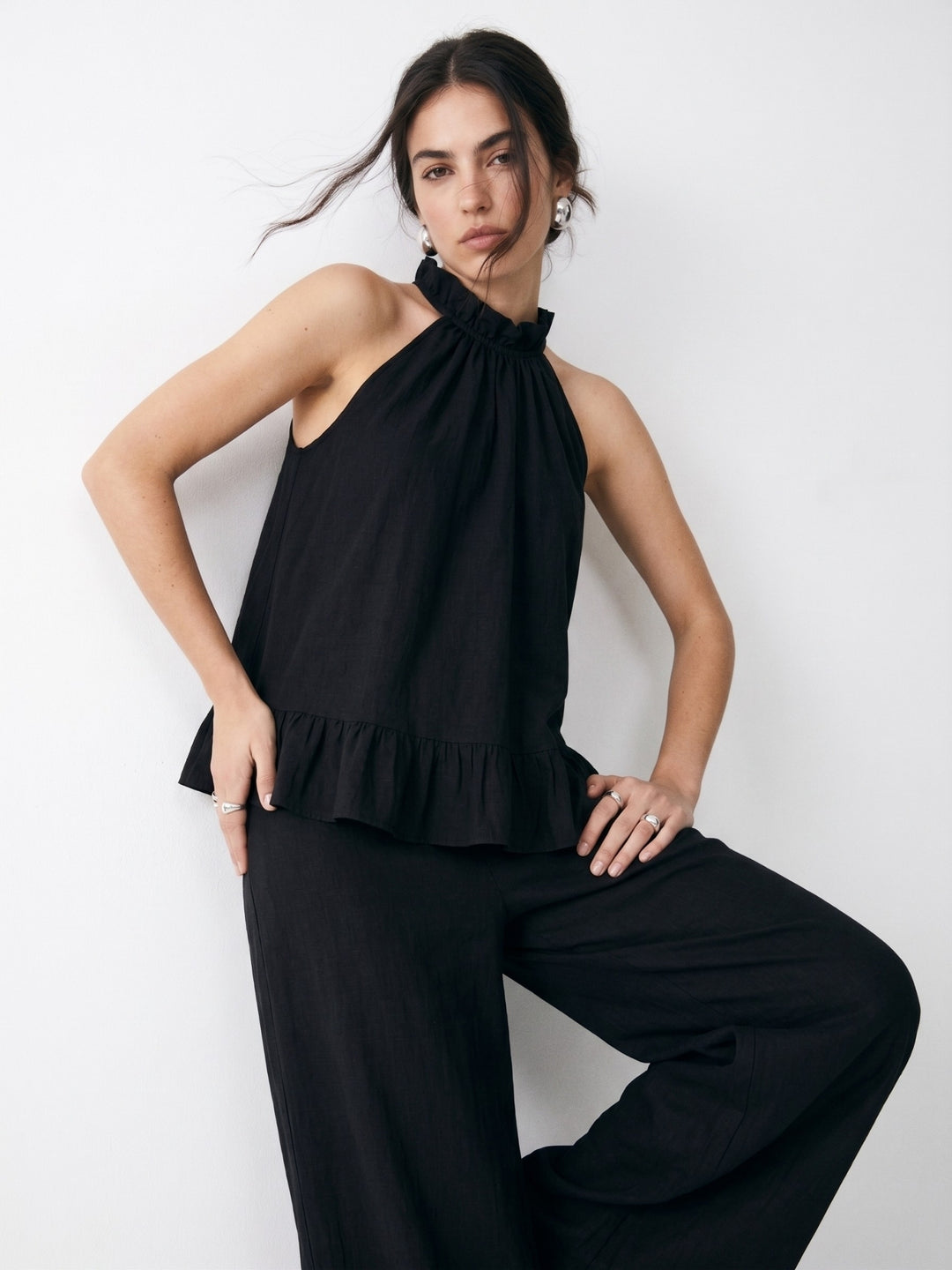 Black Halter Neck Ruffled Hem Top With Trousers