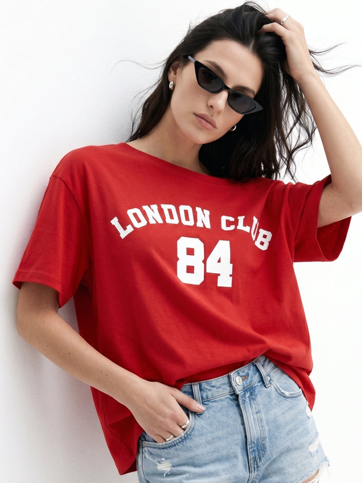 Red Off-Shoulder Varsity Graphic T-Shirt