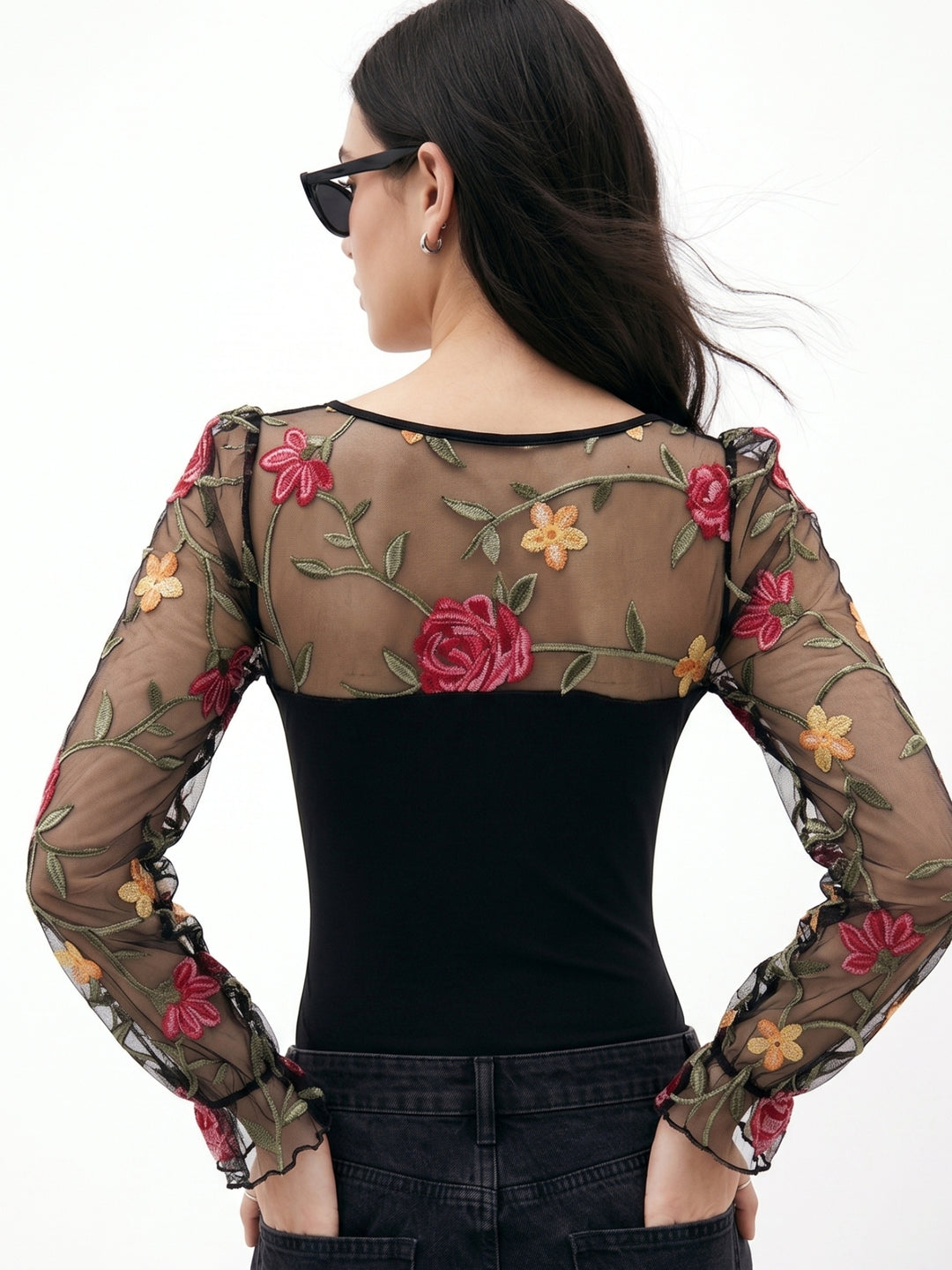 Black Sweetheart Neckline Bodysuits With Sheer Sleeves