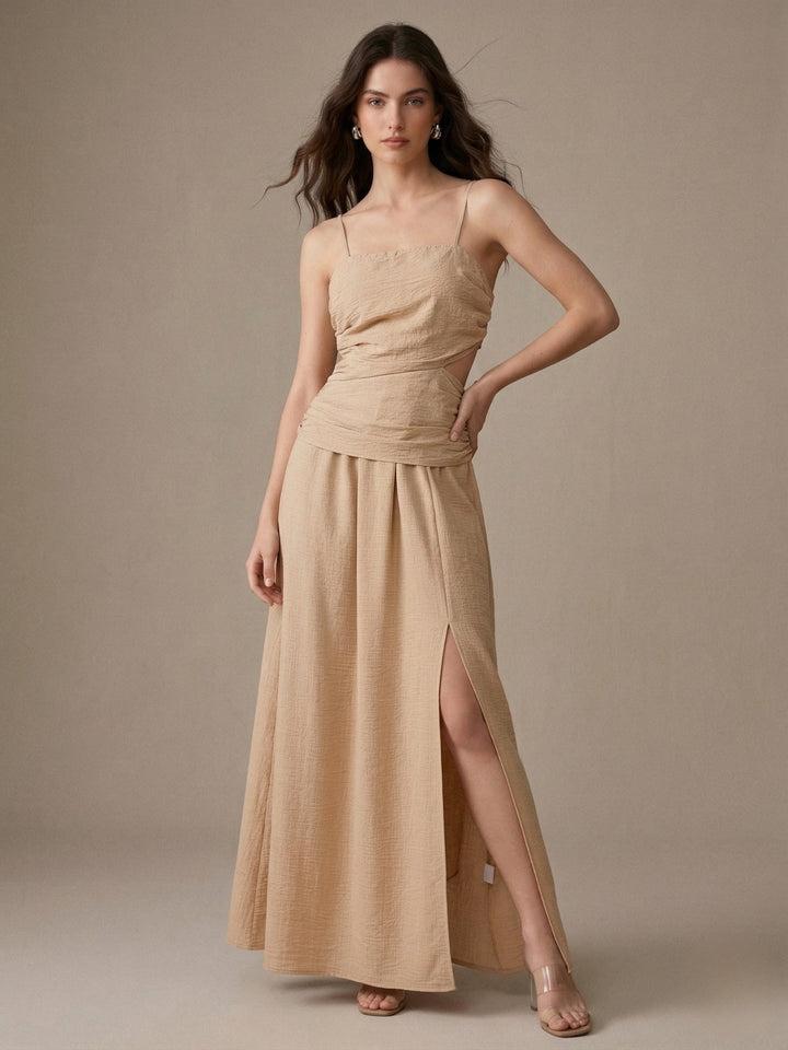 Beige Spaghetti Strap Waist Detail Slit Dress