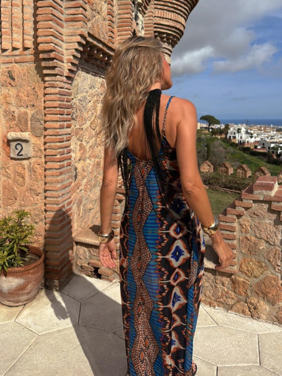 Blue Abstract Printed Neck Detail Dress