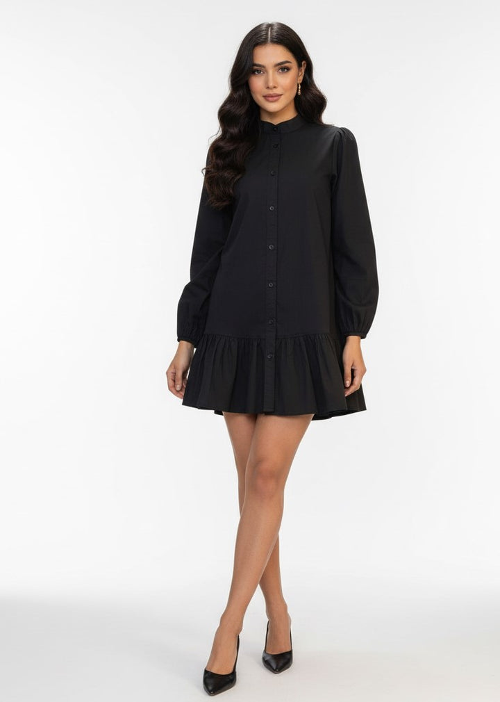 Black Bishop Sleeve High Neck Ruffle Hem Dress