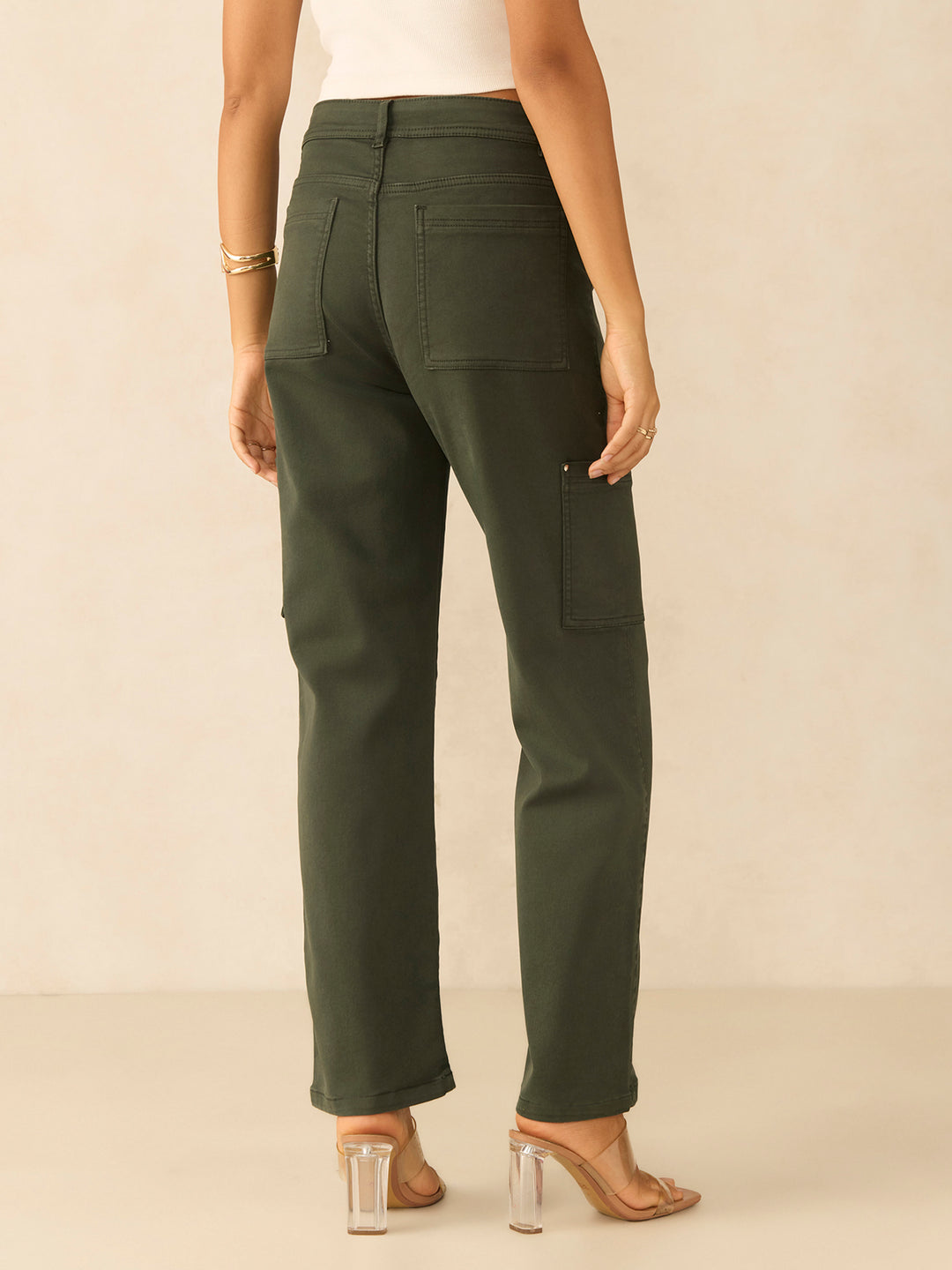 Olive Cargo Style Straight Fit Jeans Pants