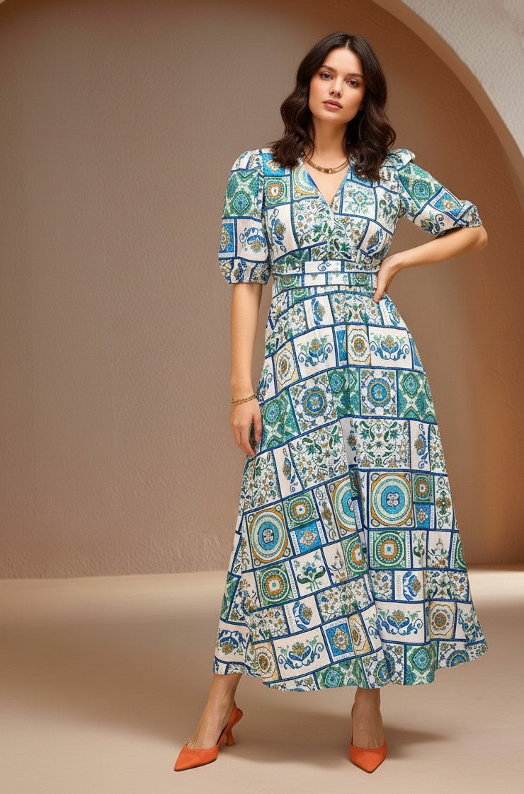 Blue Short Sleeve Abstract Print Dress