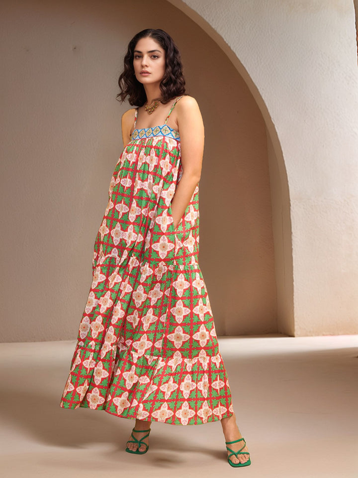 Green Spaghetti Strap Abstract Printed Dress