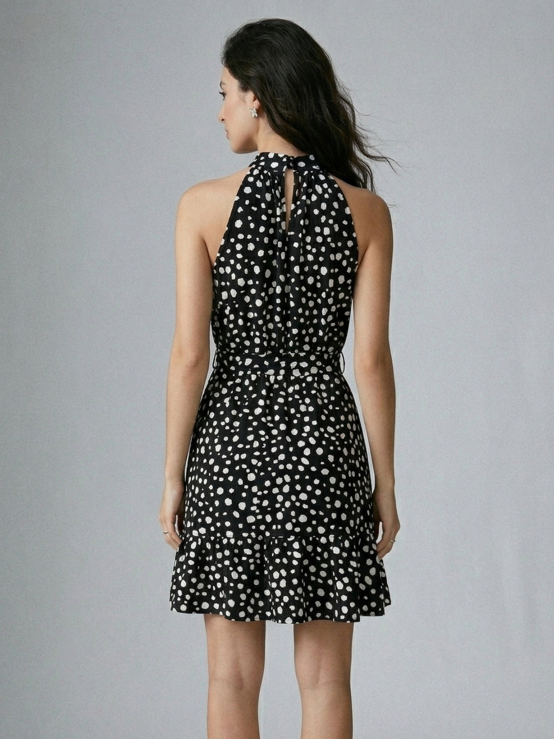 Black Halter Neck Polka Dotted Mini Dress