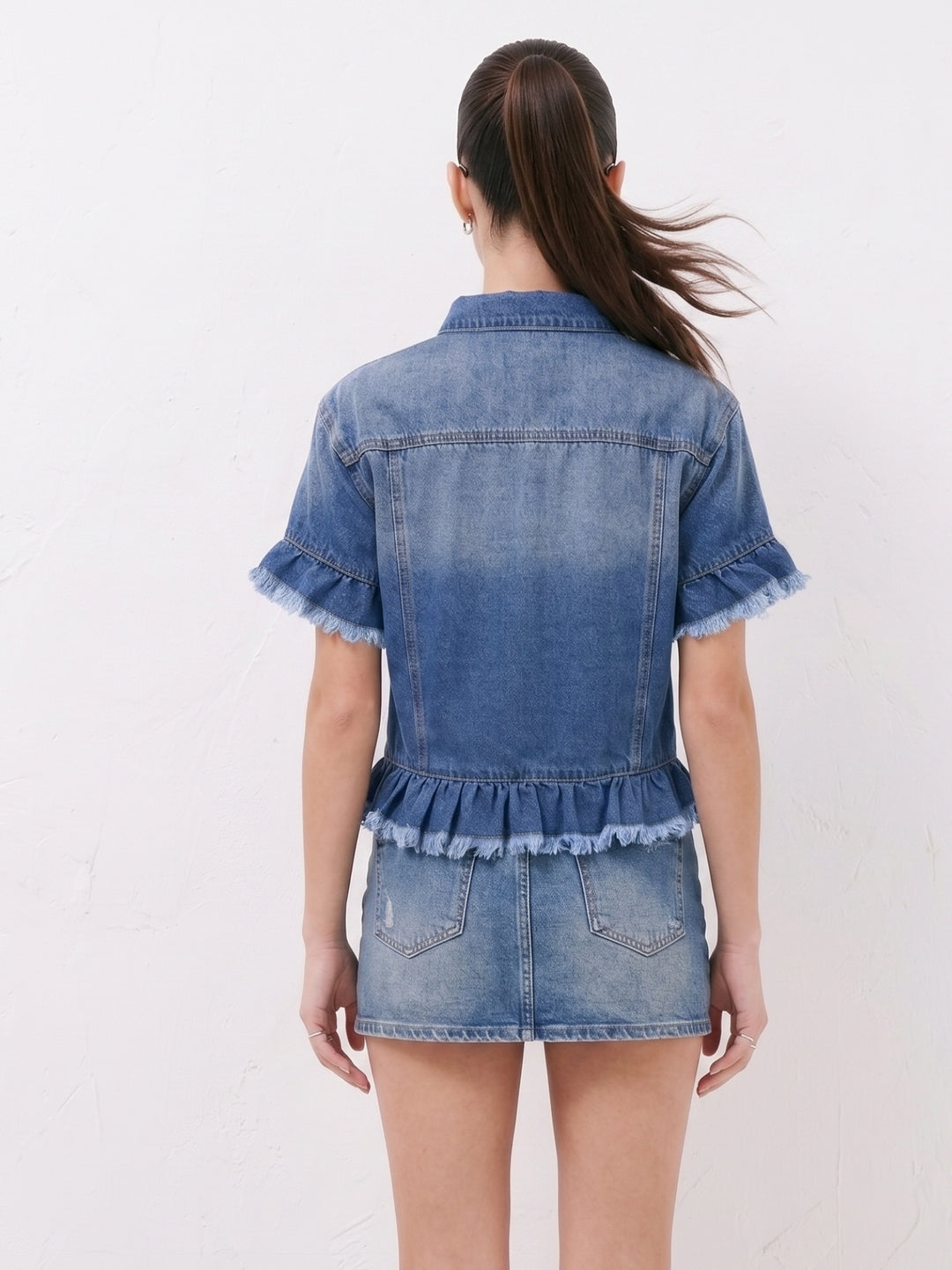 Blue Button Down Peplum Denim Top