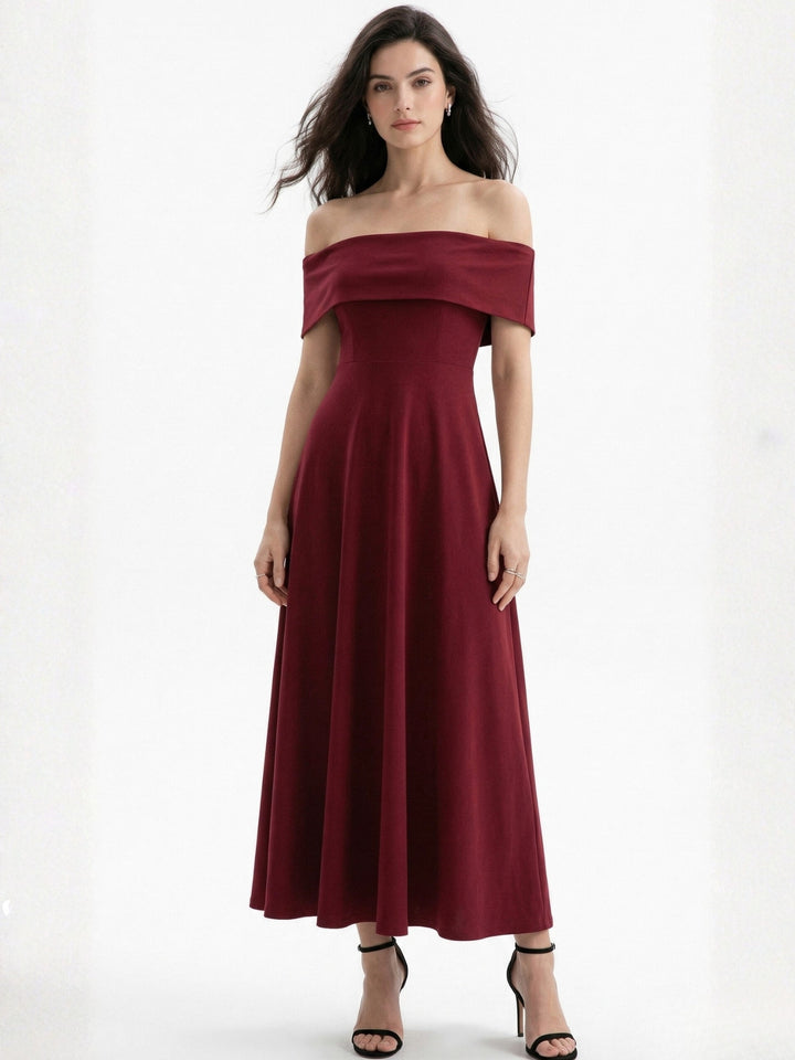 Maroon Off Shoulder Flared Dress