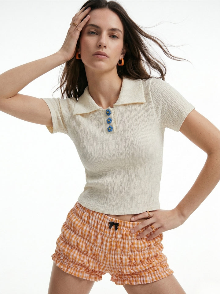 Beige Short Sleeve Collared Top