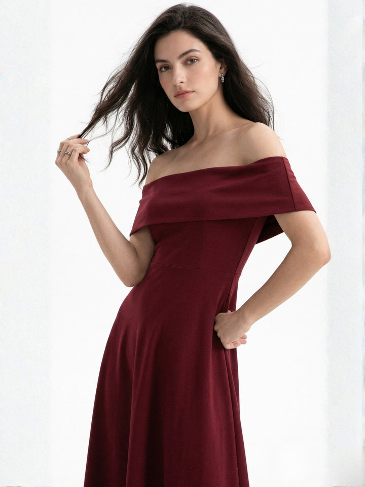 Maroon Off Shoulder Flared Dress