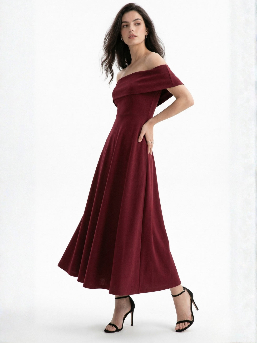 Maroon Off Shoulder Flared Dress