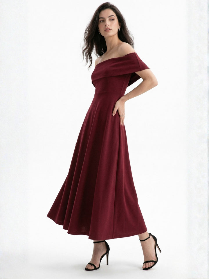 Maroon Off Shoulder Flared Dress