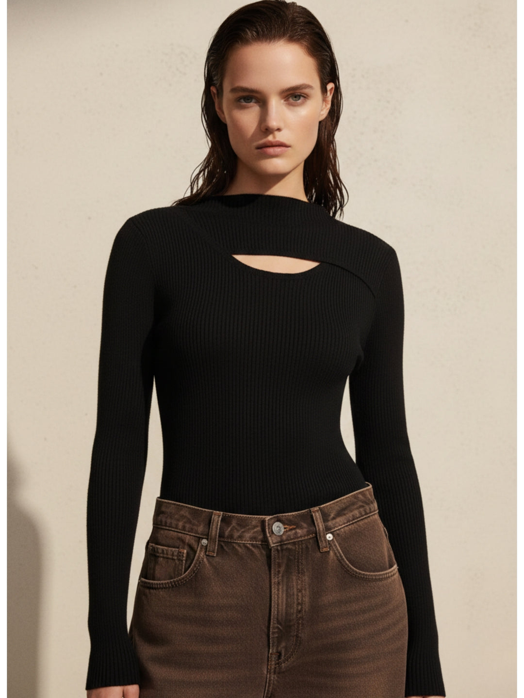 Black Full Sleeve Neck Cut-Out Detail Top