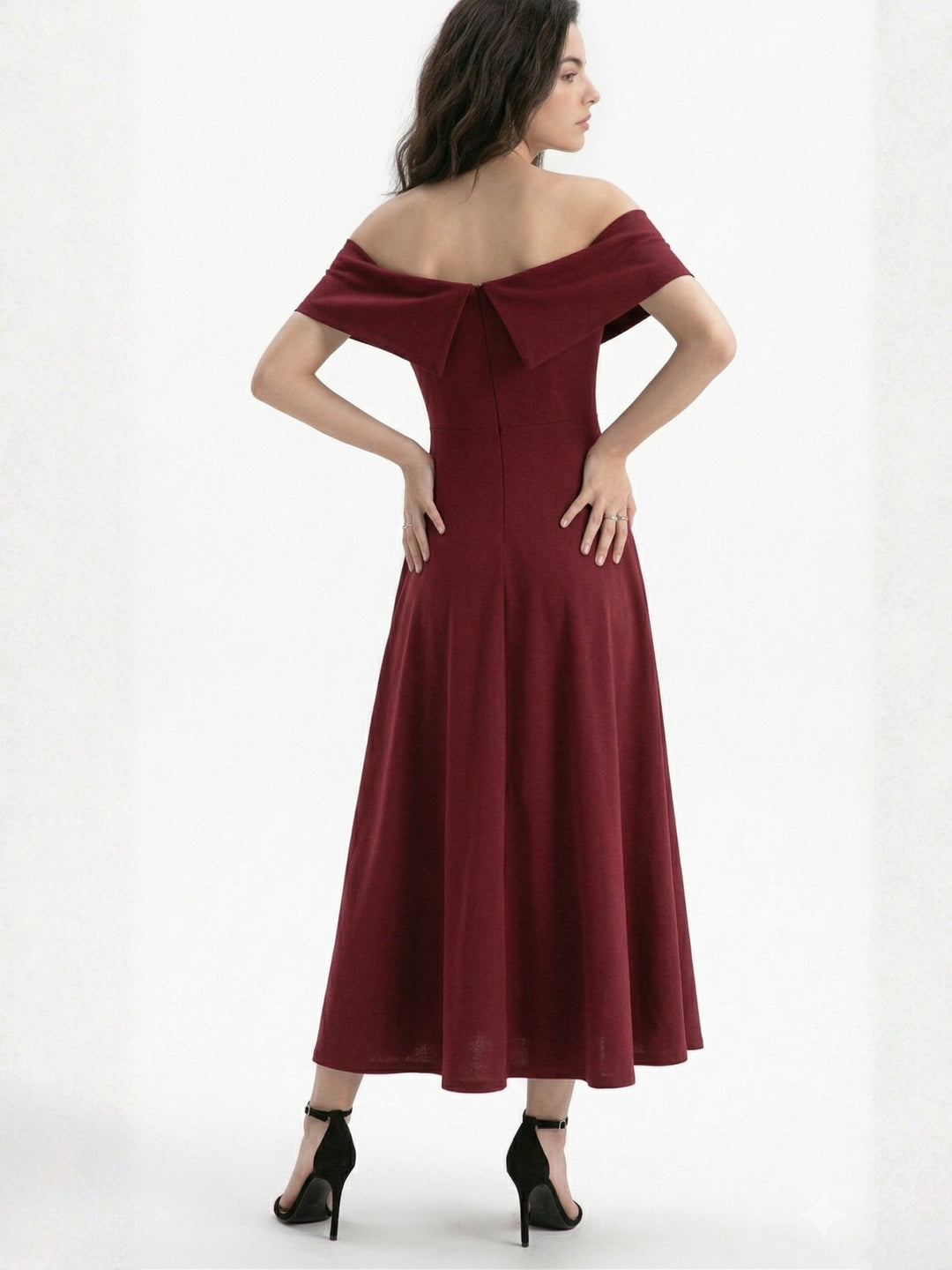 Maroon Off Shoulder Flared Dress