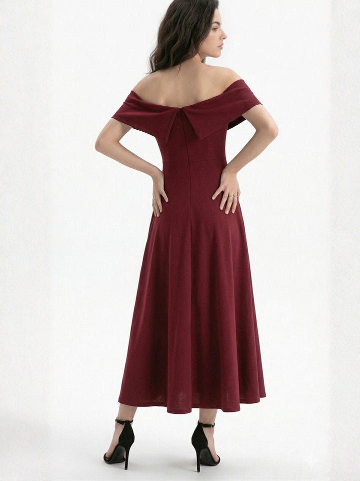 Maroon Off Shoulder Flared Dress