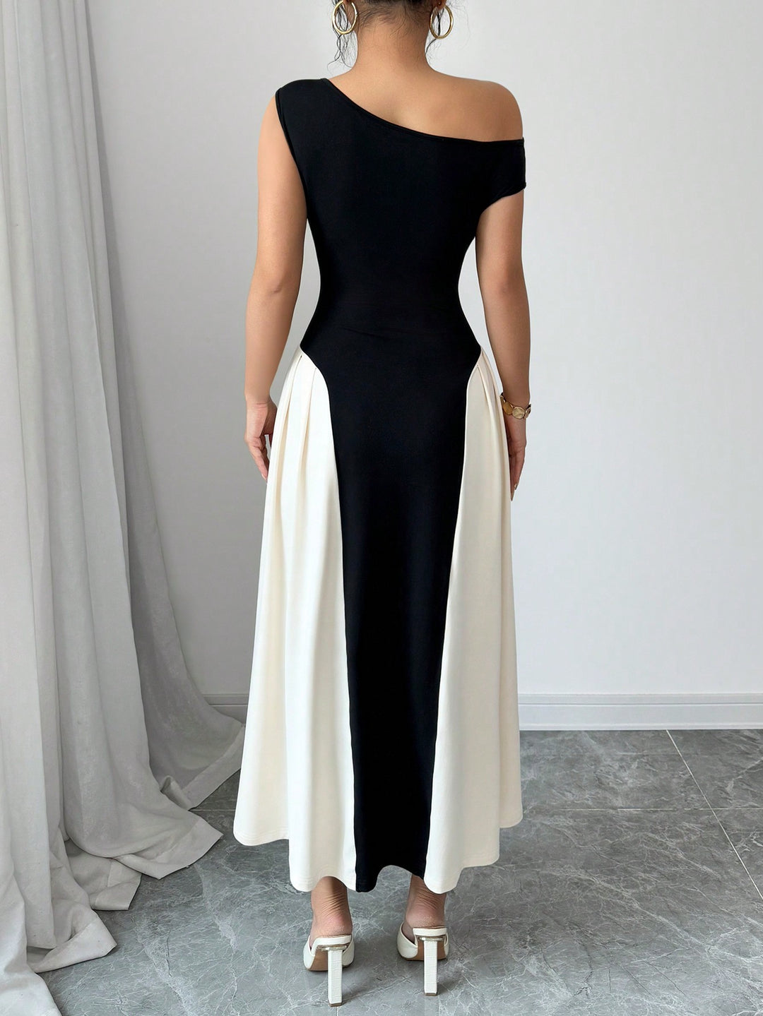 Black One Shoulder Colour Block Dress