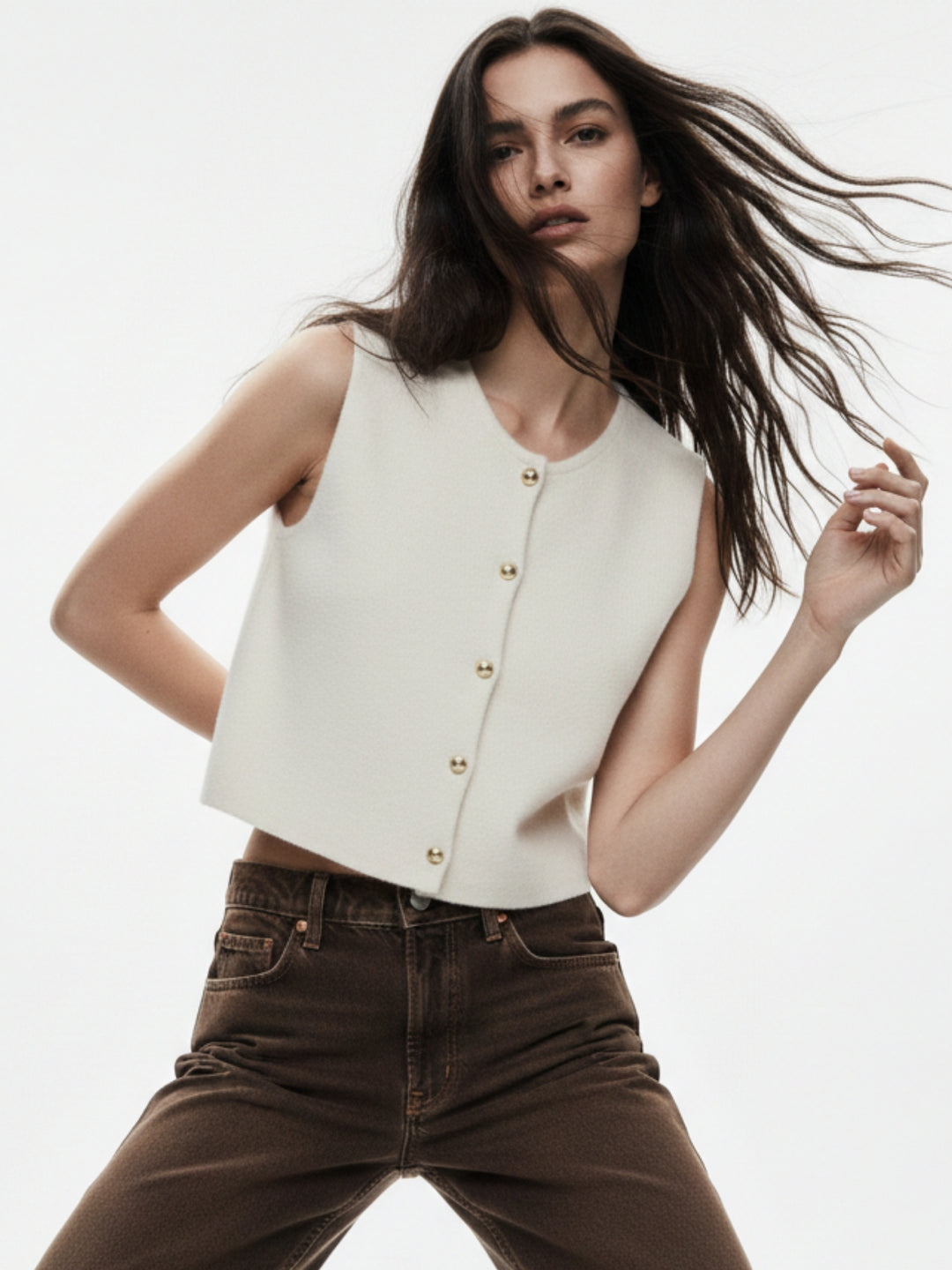 Off White Sleeveless Front Buttoned Cardigan
