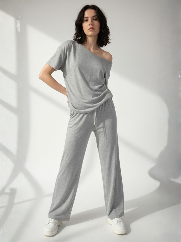 Grey Off-Shoulder Relaxed Top And Pant Co-Ord Set