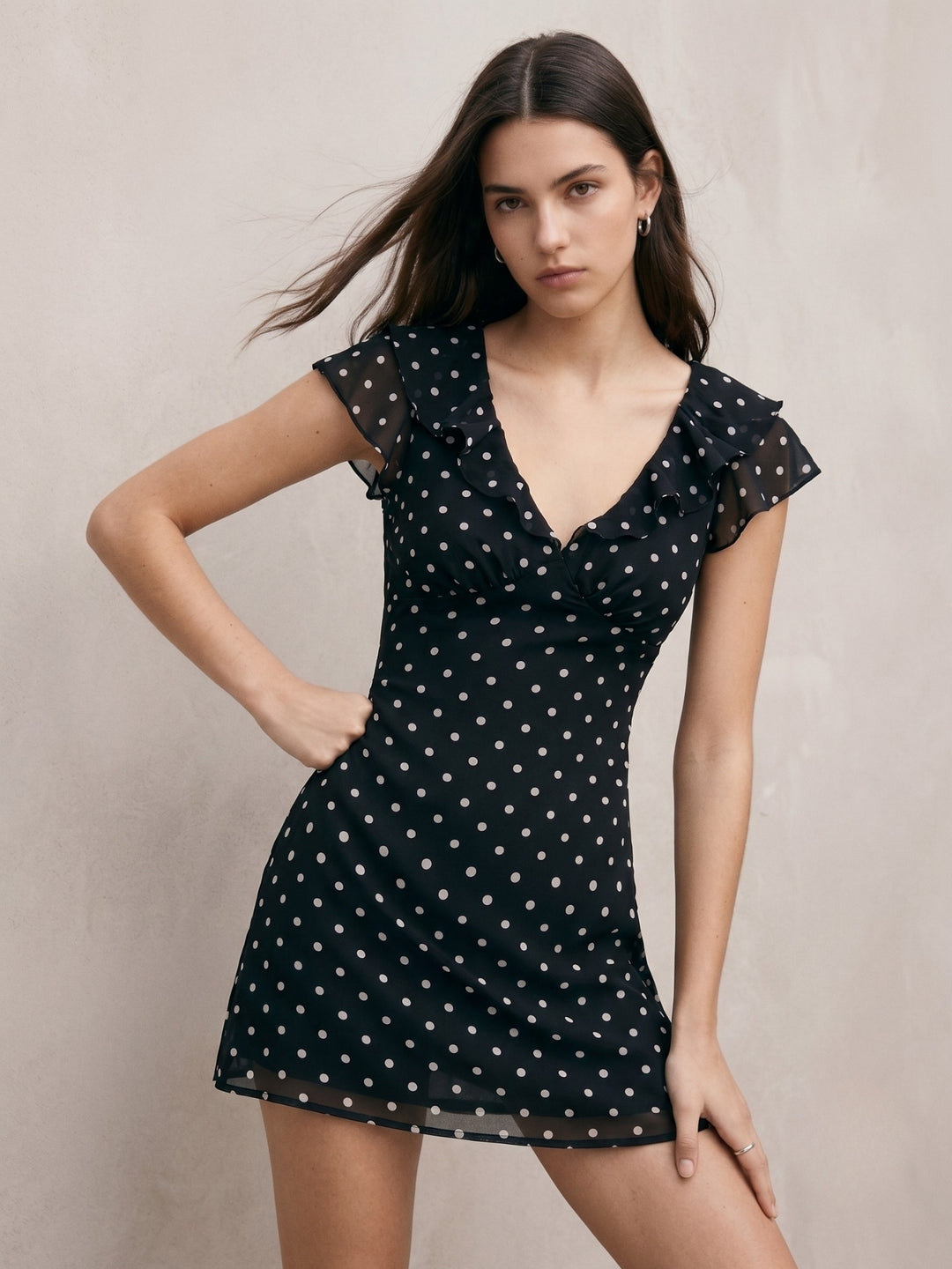 Black Plunge Neck Polka Dotted Dress With Flutter Sleeves