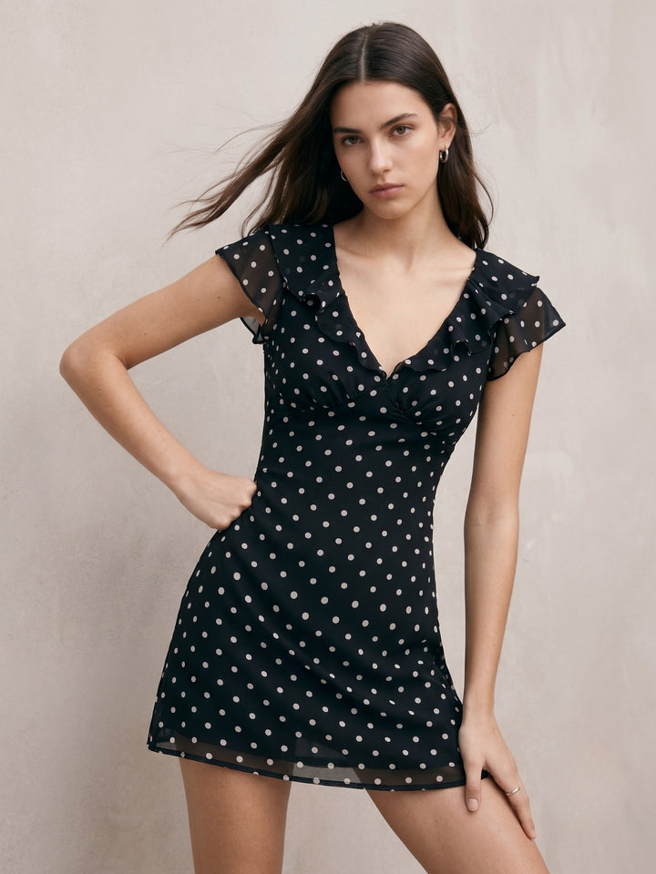 Black Plunge Neck Polka Dotted Dress With Flutter Sleeves