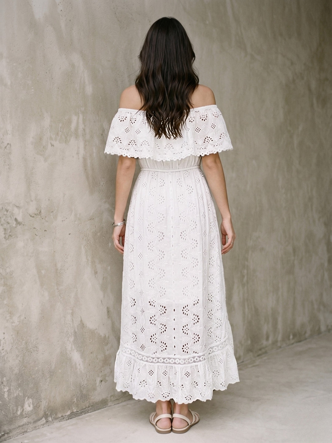 White Off Shoulder Schiffli Dress
