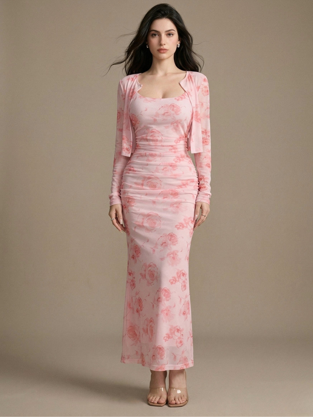 Pink Printed Dress With Shrug