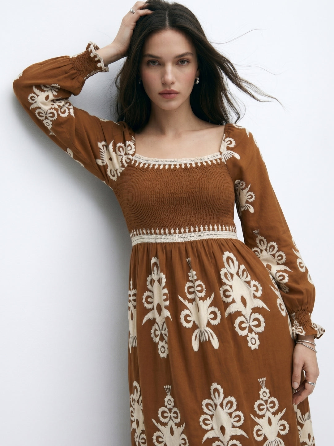 Brown Bishop Sleeve Square Neck Printed Dress