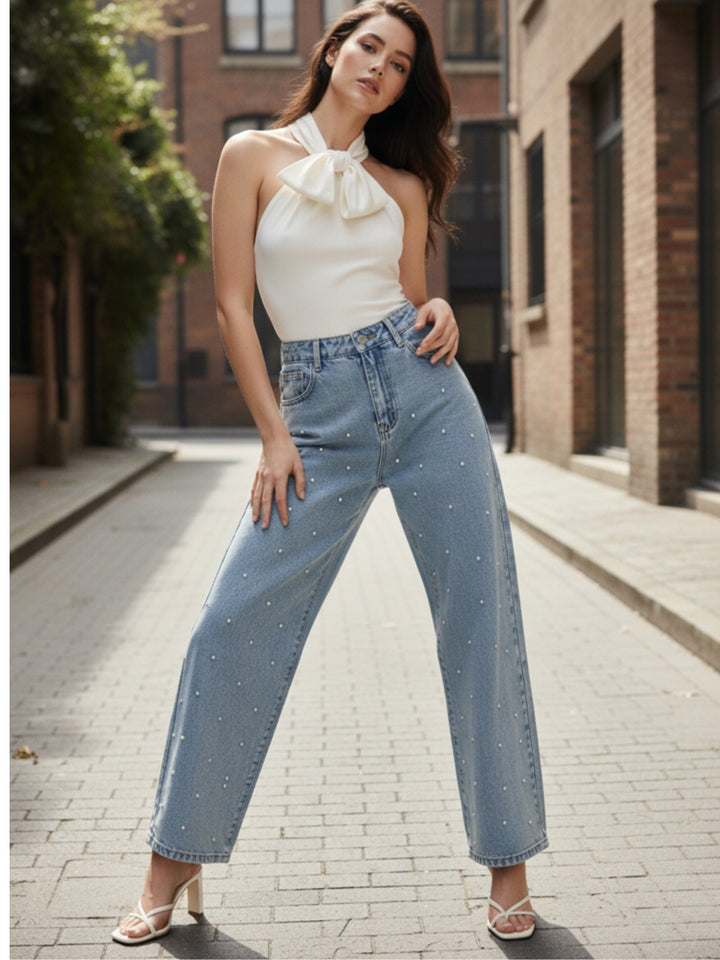 Light Blue Embellished Wide Leg Denim Jeans