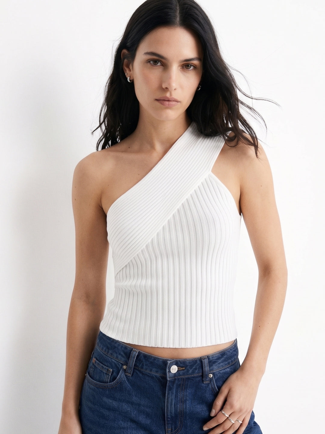 White One Shoulder Textured Knit Top